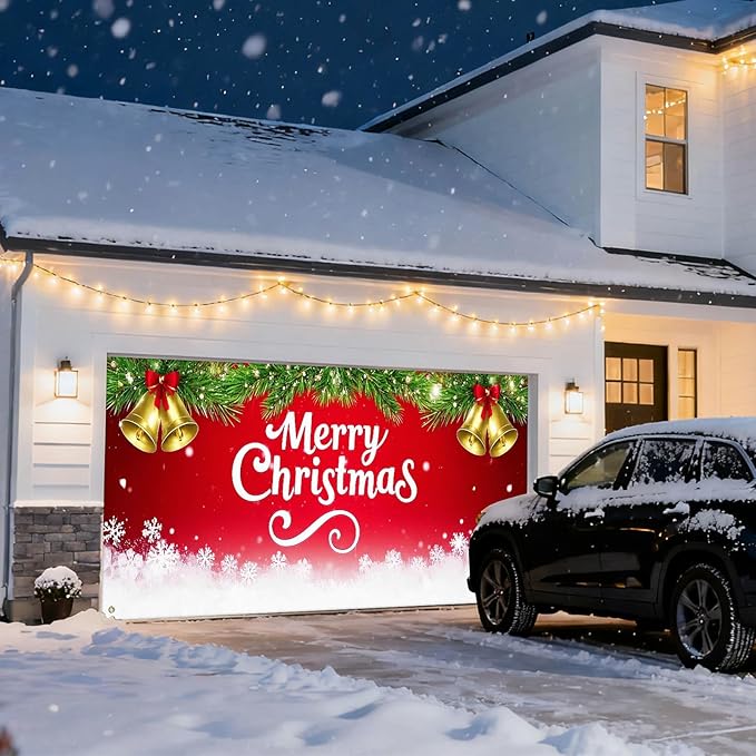 IVN Merry Christmas Happy New Year Garage Door Banner 13x6 ft Christmas Garage Door Cover Wnter Scene Background Indoor Outdoor Red Bells Bows Snowflake Pine Holiday Decorations for Home and Events Wall Backdrop Decor
