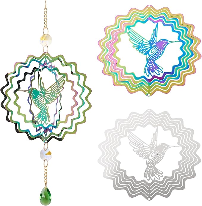Bird Wind Spinners Outdoor 3D Stainless Steel Wind Sculpture Spinner for Garden Outside Hanging Decor Gradient Twisted Winds Chimes for Christmas Yarn Home Party Decor 2Pcs