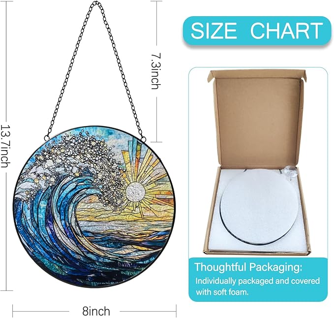 Stained Glass Window Hanging, 8 Inch Sea Wave Suncatcher, Sun Catchers Indoor Window, Ocean Suncatchers for Windows Hanging, Spring Home Garden Coastal Decor Panel, Beach Lover Gift for Women Mom Wife
