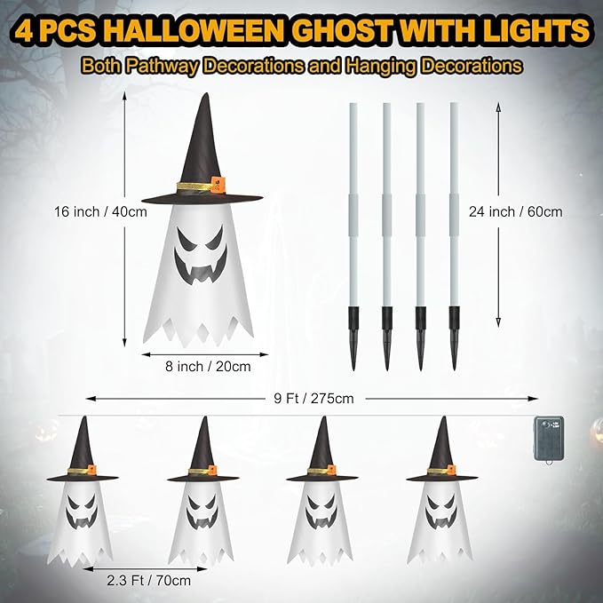 Halloween Ghost Pathway Lights, 4 Pcs Ghosts with Witch Hats Decorations Path Stake Walkway Led String Lights Colorful Waterproof Battery Operated Indoor Outside Yard Hanging Front Porch Outdoor Decor