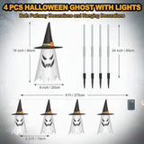 Halloween Ghost Pathway Lights, 4 Pcs Ghosts with Witch Hats Decorations Path Stake Walkway Led String Lights Colorful Waterproof Battery Operated Indoor Outside Yard Hanging Front Porch Outdoor Decor