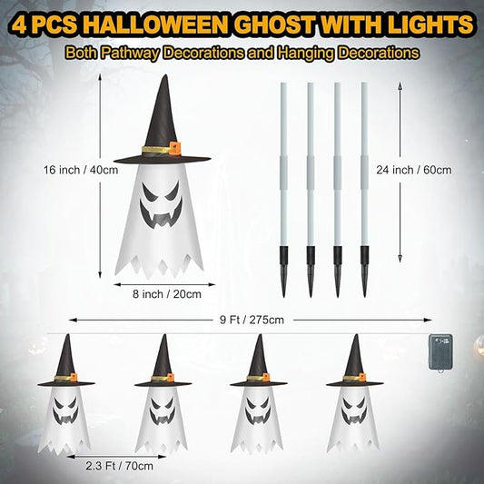 Halloween Ghost Pathway Lights, 4 Pcs Ghosts with Witch Hats Decorations Path Stake Walkway Led String Lights Colorful Waterproof Battery Operated Indoor Outside Yard Hanging Front Porch Outdoor Decor