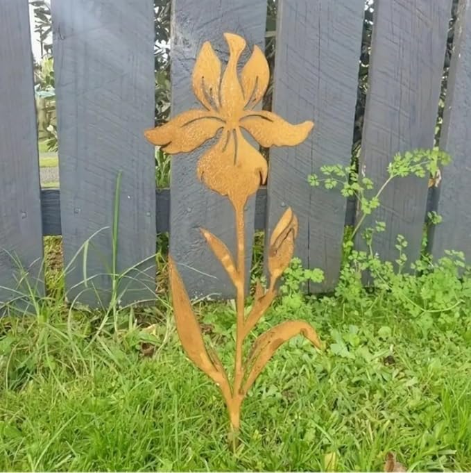 Metal Plant Garden Decoration for Outdoor Home Garden Decor Gold Flower Stakes Silhouettes Sculptures Lawn Yard (Iris)