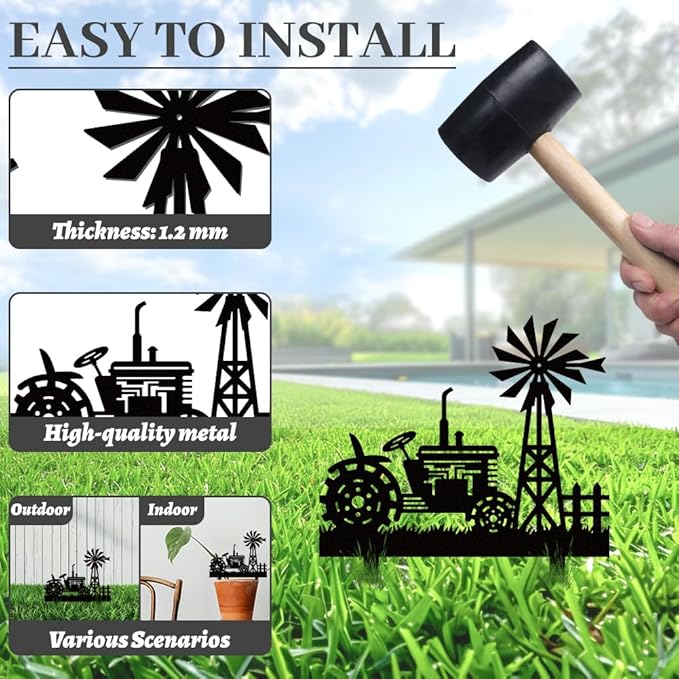 WADORN Farms Tractors Windmills Metal Decorative Stakes, Black Tractors Outdoor Statues Silhouette Funny Rustic Farm Gifts Farmhouse Ornaments for Farm Yard Art Garden Patio Backyard Lawn Decors