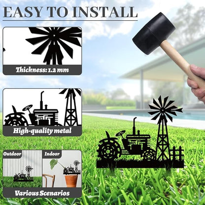WADORN Farms Tractors Windmills Metal Decorative Stakes, Black Tractors Outdoor Statues Silhouette Funny Rustic Farm Gifts Farmhouse Ornaments for Farm Yard Art Garden Patio Backyard Lawn Decors