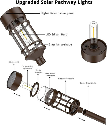 ILANCK Solar Pathway Lights Outdoor Solar Lights 8 Pack Metal & Glass Design - Waterproof Auto On/Off Bright Long-Lasting Garden Landscape Lighting Walkway Driveway