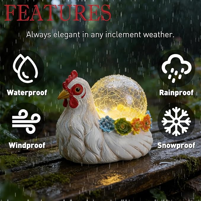 Solar Hen Garden Statue Lights for Outdoor Decor with Cracked Glass LED Ball Figurine Lighting Resin Succulent White Chicken Decorations for Patio Lawn Yard Valentine Gifts for Mom Wowen