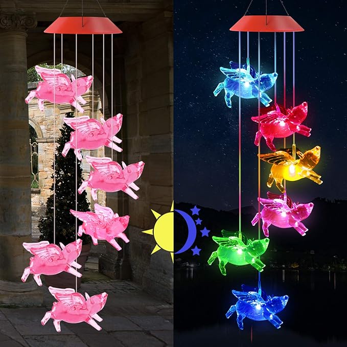 Outdoor Solar Flying Pig Wind Chimes Lights for Home/Garden/Rooms/Patio/Indoor/Outside Decor, Memorial Wind Catcher,Color Changing Waterproof Blessing Wind Bells Gifts for Mom, Women,Grandma,Family