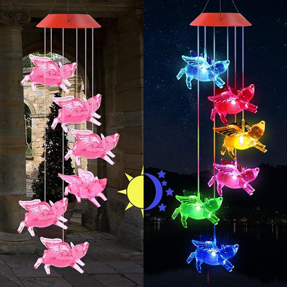 Outdoor Solar Flying Pig Wind Chimes Lights for Home/Garden/Rooms/Patio/Indoor/Outside Decor, Memorial Wind Catcher,Color Changing Waterproof Blessing Wind Bells Gifts for Mom, Women,Grandma,Family