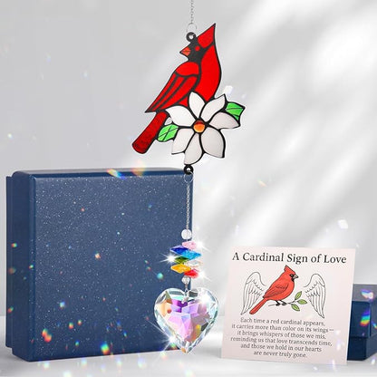 Red Cardinal Bird Window Sun Catcher – Valentines Day Handmade Bird Lover Window Hanging Décor with Suction Cups for Home & Garden - Memorial Cardinal Gifts for Women, Mom,Grandma (A)