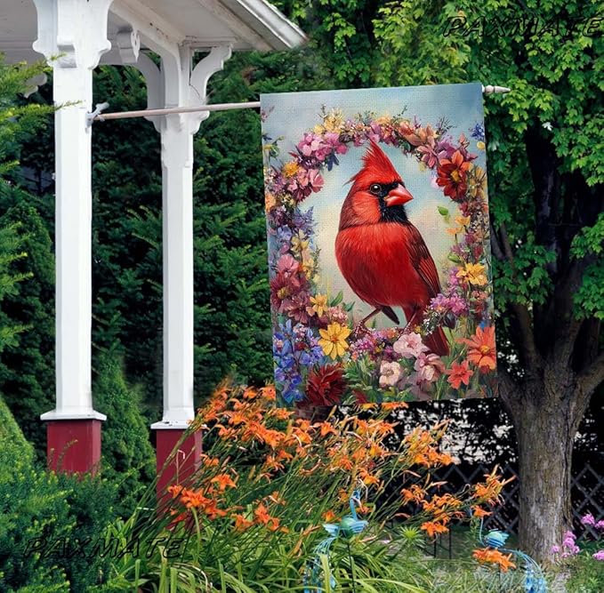 Cardinal Bird Spring House Flag 28x40 Inch Double Sided Large Burlap Summer Floral Wreath Yard Flag Outdoor Outside Seasonal Farmhouse Decoration