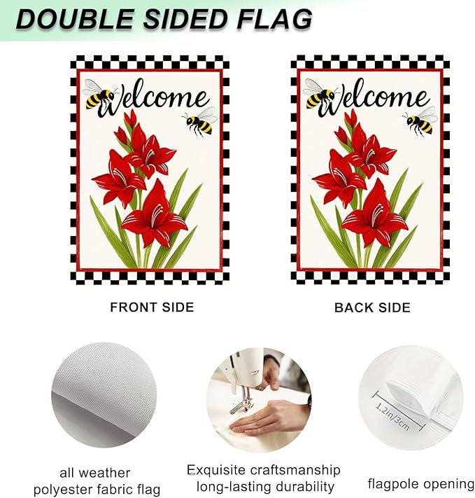 IVN Welcome Garden Flag 12x18 Inch Double Sided Spring Summer Garden Yard Flags Red Amaryllis Flowers Bees Decorative Small Flags for Outdoor Seasonal Front Door Lawn Porch Patio Decor Yard Flag
