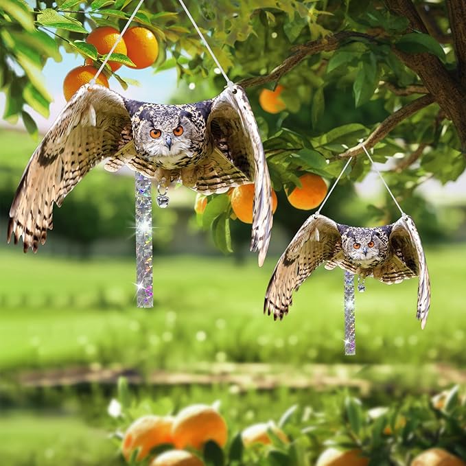Owls to Keep Birds Away: 3Pcs Fake Owls with Reflective Tape for Garden Patio, Bird Scare Reflective Hanging Decoration to Keep Birds Pigeon from Windows Tree Garden
