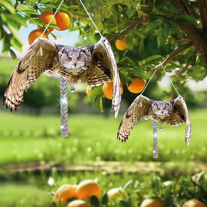 Owls to Keep Birds Away: 2Pcs Fake Owls with Reflective Tape for Garden Patio, Bird Scare Reflective Hanging Decoration to Keep Birds Pigeon from Windows Tree Garden