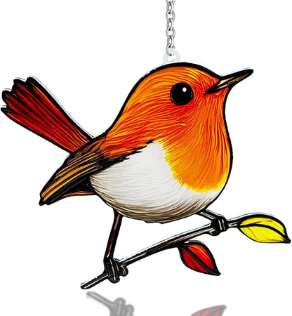 Birds on a Branch Stained Glass, Robin Bird Suncatchers Windows, Bird Suncatcher for Patio/Mom/Window (Orange)