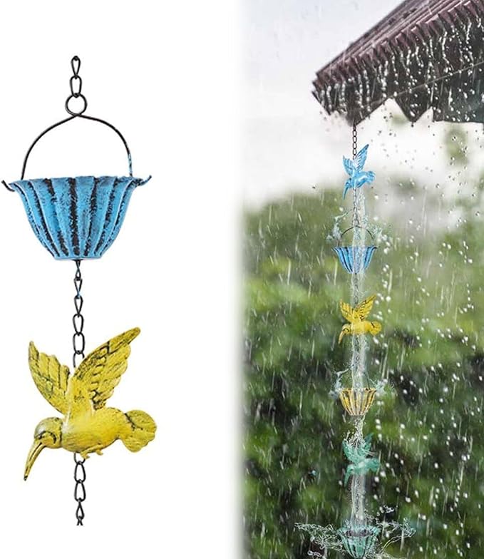Rain Chains for Gutters, 7.87Ft Hummingbird and Cup Rain Chains for Gutters, Adjustable Rain Chimes for Outside Replacement Downspout for Gutters Eaves Drainage, Green