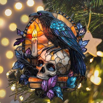 Raven and Skull Acrylic Suncatcher Stained Glass Effect Window Car Hanging Christmas Ornament Indoor Outdoor Decor Garden Sun Catcher Panel for Gothic Lover for Women Mom Grandma