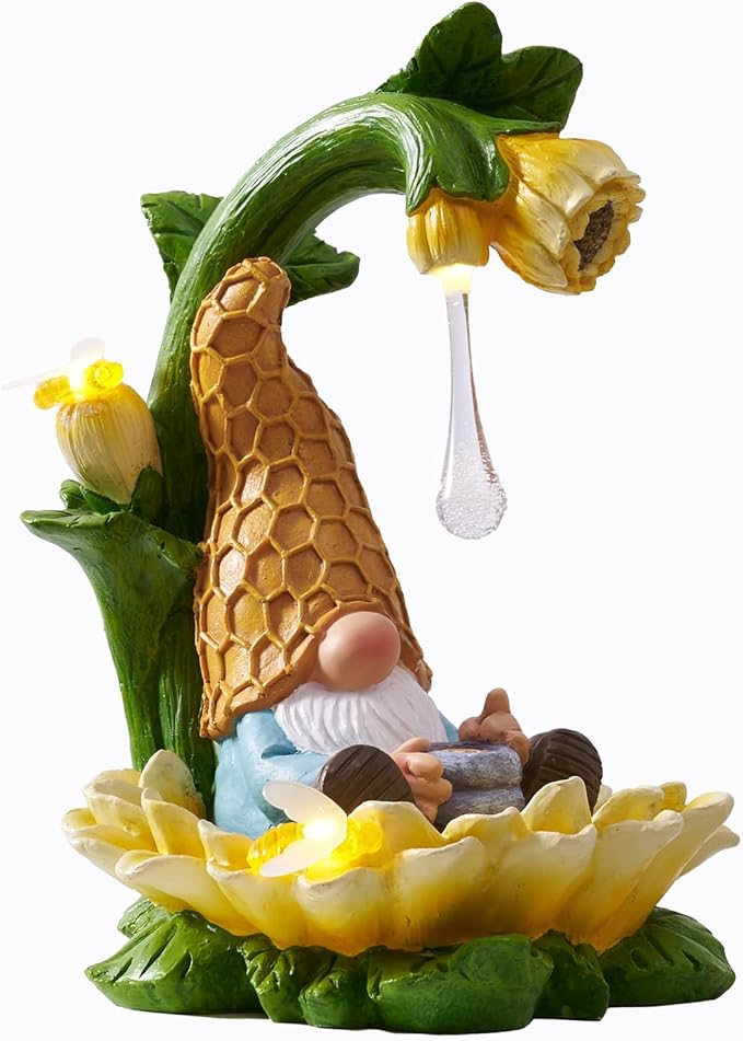 RM ROOMERS Gnome Fall Decor Garden Solar Gnomes Decoration for Yard Autumn Decor Resin Sunflower Gnome Statue with LED Lights for Patio Honey Drip Home Gifts for Women Housewarming