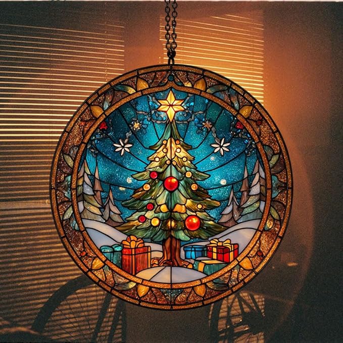 Christmas Tree Presents Acrylic Suncatcher Stained Glass Effect Window Car Hanging Christmas Ornament Indoor Outdoor Decor Garden Sun Catcher Panel for Women Mom Grandma