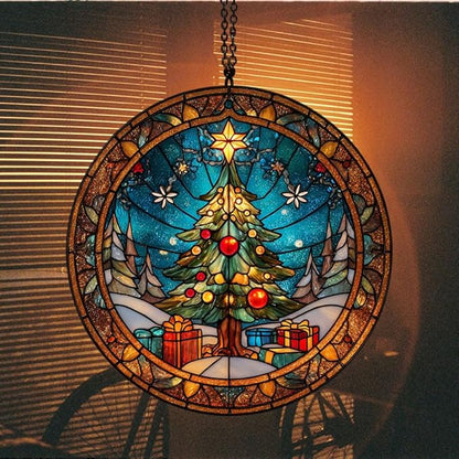Christmas Tree Presents Acrylic Suncatcher Stained Glass Effect Window Car Hanging Christmas Ornament Indoor Outdoor Decor Garden Sun Catcher Panel for Women Mom Grandma