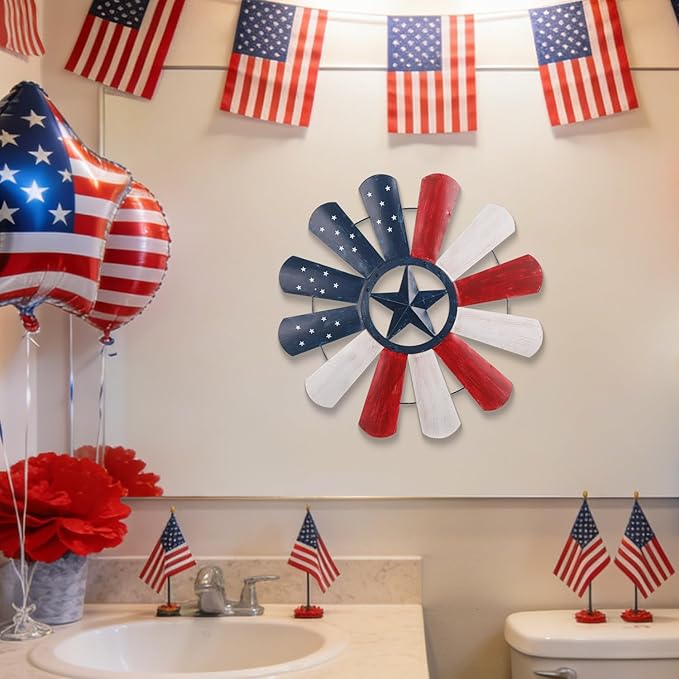JJALIGHTS 23" Windmill Wall Decor, Patriotic American Flag Metal Wall Art with Texas Star, 4th of July Indoor Outdoor Decorations for Farmhouse Porch Garden Patio Fence Home