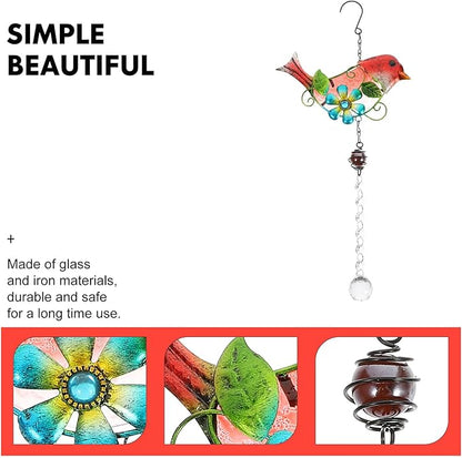 BESPORTBLE Creative Red Bird Hanging Ornament Glass and Iron Garden Statue Scene Tree Adornment Courtyard Decoration Stained Glass Window Hanging Art Craft