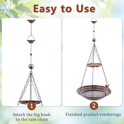 13 inch Rain Chain Basin, Metal Rain Chains Anchoring Bowl Dish, DIY Rain Chain Basin for Gutter Downspout, Copper Hanging Birdbath for Outdoor Garden Patio Decor