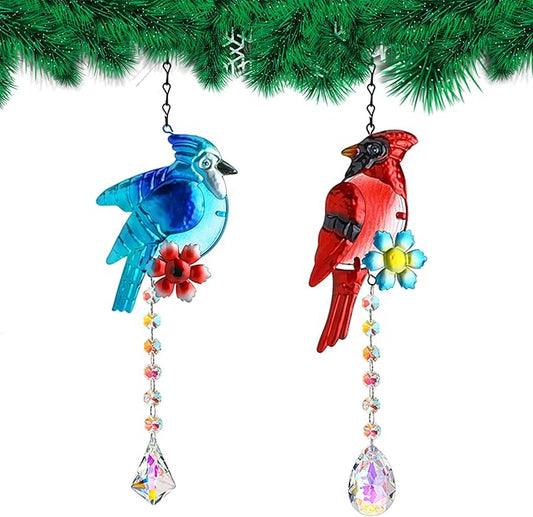 Cardinal and Blue Jay Suncatchers, Stained Glass Birds Hanging Ornament for Christmas Windows, Crystal Bird Sun Catcher Outdoor Decor