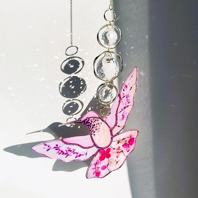Pink Acrylic Hummingbird Flowers Garden Suncatcher Christmas Tree Home Decor Window Hanging Ornaments Crystal Prism Rainbow Maker Sun Catcher Appreciation Gifts for Mom Grandma Sister