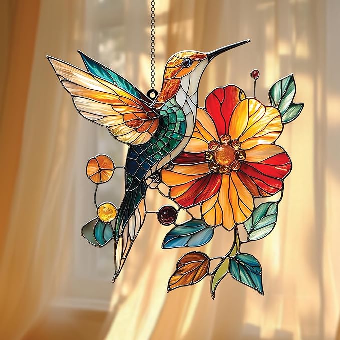 Hummingbird and Flower Acrylic Suncatcher Hanging Christmas Ornament Stained Glass Effect Window Car Indoor Outdoor Decor Garden Sun Catcher Gifts Nature Lover Decorations for Women Mom Grandma