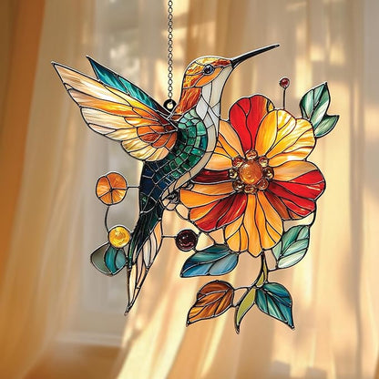 Hummingbird and Flower Acrylic Suncatcher Hanging Christmas Ornament Stained Glass Effect Window Car Indoor Outdoor Decor Garden Sun Catcher Gifts Nature Lover Decorations for Women Mom Grandma