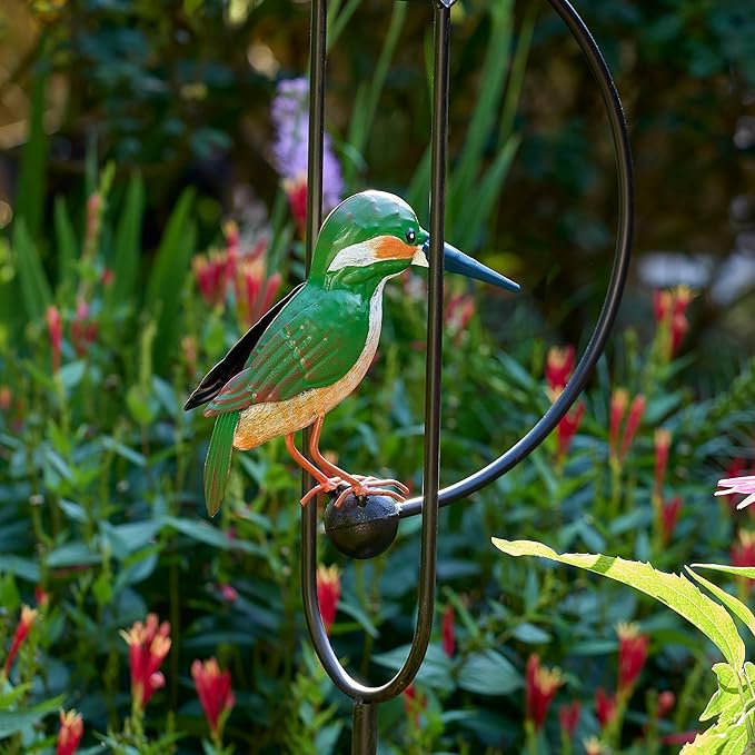Red Carpet Studios Garden Art Small Blue and Green Hummingbird Balance Rocker Metal Garden Stake Yard Décor, 53” Tall, Dual Bird Design