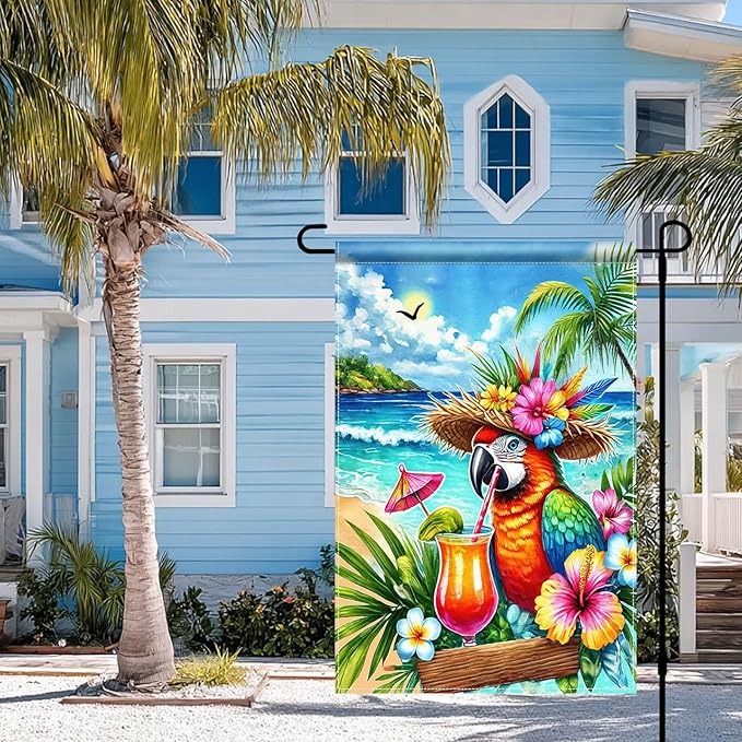 BlissYard Summer Parrot Garden Flag 12x18 Double Sided Tropical Bird Yard Flag Red Parrot Welcome Banner Outdoor Beach Palm Tree Decor Summer Garden Decorations for Home Lawn Patio Porch