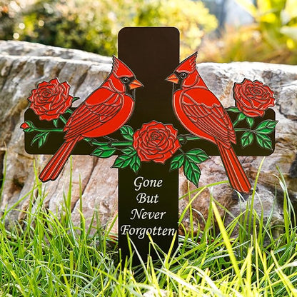 Red Cardinal Memorial Cross Stake - Metal Grave Decorations for Cemetery - Sturdy Thickened Black Cross with 3 Red Roses, Religious Sympathy Gift for Loss of Loved One(Red Cardinal)