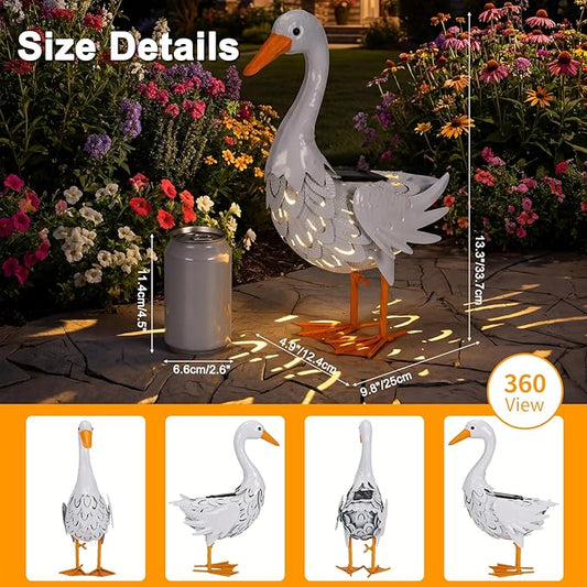 Lavezee Porch Goose Statue Outdoor Lawn and Garden Statue, Metal Goose with Solar Light for Lawn Yard Backyard, Metal Yard Art for Garden Decoration
