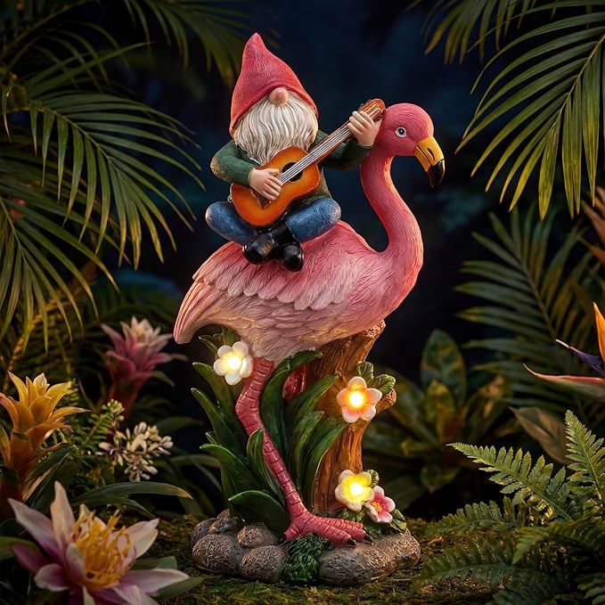 EXYGLO Solar Gnome Garden Decor Statue, 10" Gnome Riding Flamingo Outdoor Funny Decoration for Lawn, Patio, Yard, and Unique Housewarming, Birthday Ornament Gift for Mother, Friend, Family
