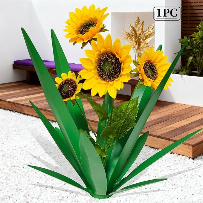 DDQ Metal Agave Plant Outdoor Decor with Artificial Flowers, Mexican Style Garden Sculpture, Waterproof Yard Art for Patio Lawn, Multiple Flower Options (Green Agave + Sunflower/Red/Yellow/Purple)