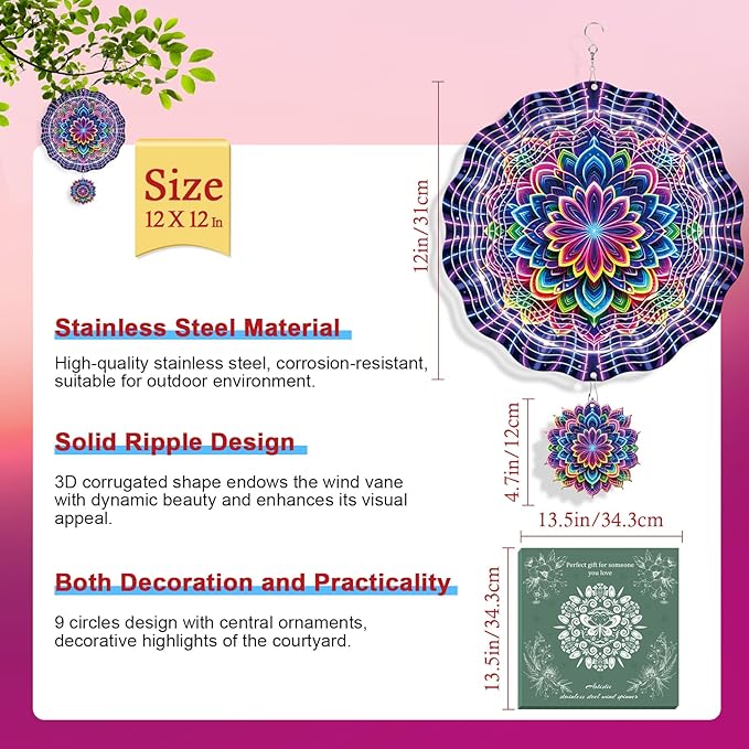 Rngmsi Mandala Wind Spinner Gifts for Women, Mandala Hanging Wind Spinners Outdoor Gifts for Mom Men Grandma, 3D Stainless Steel Metal Yard Decor for Garden Patio Lawn (12 X 12 Inches)