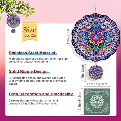Rngmsi Mandala Wind Spinner Gifts for Women, Mandala Hanging Wind Spinners Outdoor Gifts for Mom Men Grandma, 3D Stainless Steel Metal Yard Decor for Garden Patio Lawn (12 X 12 Inches)