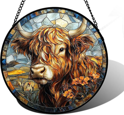 DASTOLL Stained Glass Window Hanging - Funny Cow Flower Suncatcher Ready to Hang Window Doors Home Decoration and Christmas, Mother's Day Birthday Gifts for Women, Men, and Mom 6.3x6.3 in