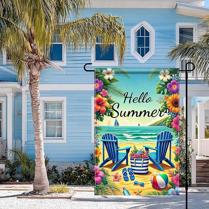 HOMETITUTE Hello Summer Garden Flag Beach Chair Sunset Sea 12x18 Inch Double Sided Welcome Small Seasonal Holiday Yard Outdoor Sign Outside Home House Beach Party Decorations