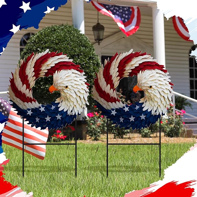 Amyhill 2 Pcs 4th of July Outdoor Decor Patriotic Eagle Metal Garden Stakes Welcome Yard Signs Red White Blue Garden Stakes for 250th Anniversary Independence Memorial Day Patio Lawn Walkway Outside