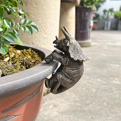 Miniature Triceratops Figurines Plant Decorations for Pots,Vintage Resin Hanging Triceratops Statue Planter Pot Hugger,Cute Climbing Dinosaur Flower Pot Hanger,Funny Garden Decor Outdoor Yard Gifts