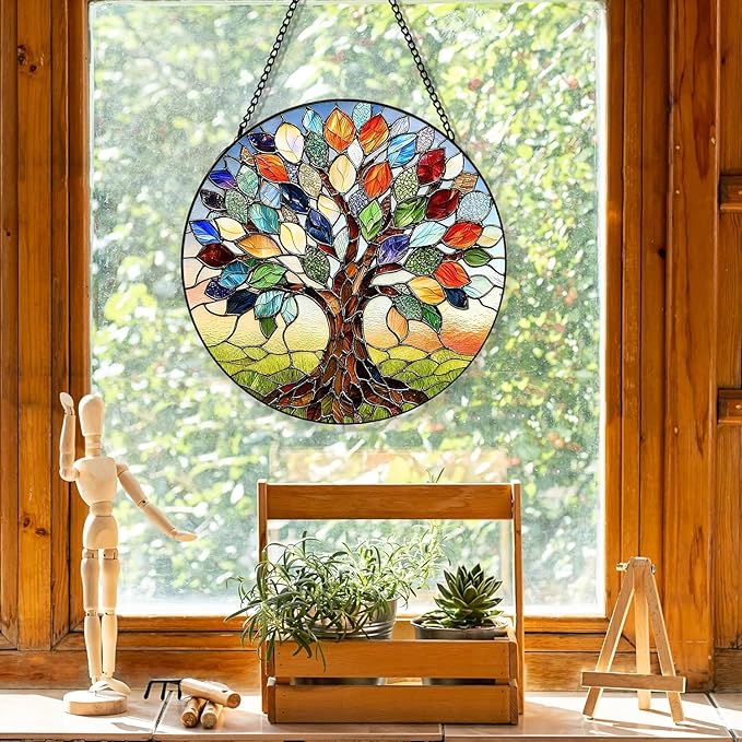 Stained Glass Window Hanging, Tree of Life Suncatcher for Window Doors Garden Home Decoration, Colorful Leaves Glass Panel Ornaments for Women,Men,Wife, Lovers, and Mom 7.8×7.8 in