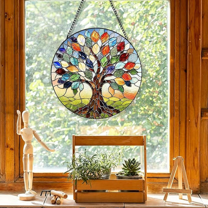 Stained Glass Window Hanging, Tree of Life Suncatcher for Window Doors Garden Home Decoration, Colorful Leaves Glass Panel Ornaments for Women,Men,Wife, Lovers, and Mom 7.8×7.8 in