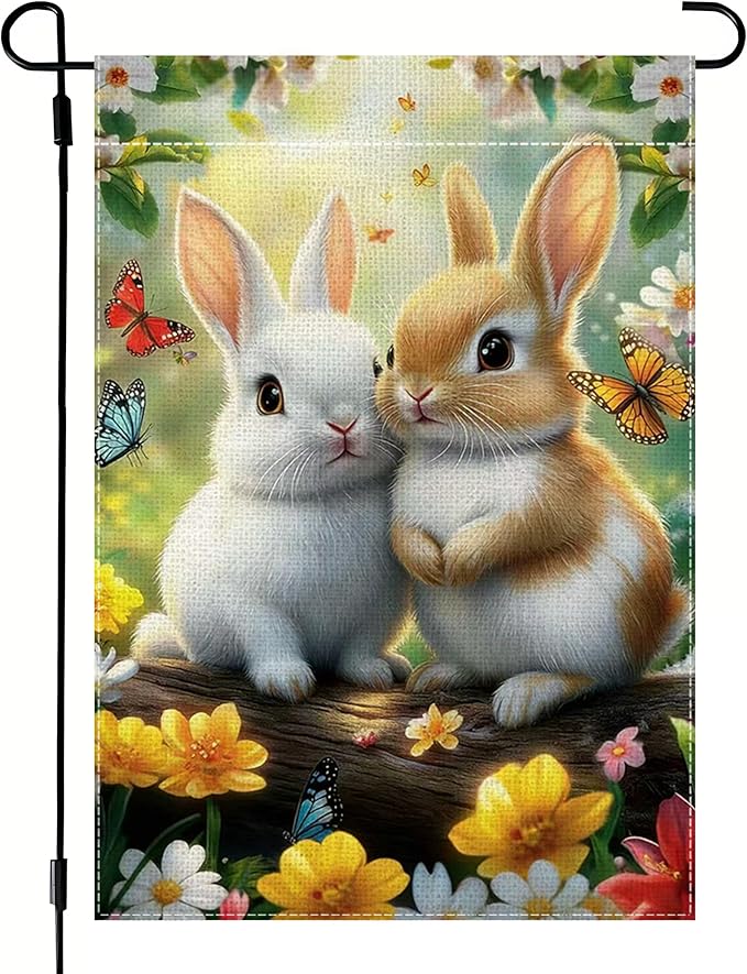 Spring Summer Flowers Butterfly Bunny Garden Flags for Outside 12x18 Double Sided, Small Burlap Seasonal Farmhouse Yard Flag Spring Decorations Outdoor Decor for Lawn Porch Patio Walkway