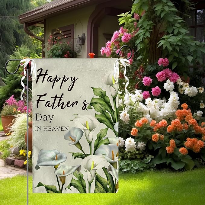 Happy Fathers Day in Heaven Garden Flag Calla Lily Floral Burlap Yard Flags Family Dad Daddy Remembrance House Banner Grave Cemetery Garden Flags for Outdoor Decorations 12 X 18 Inches