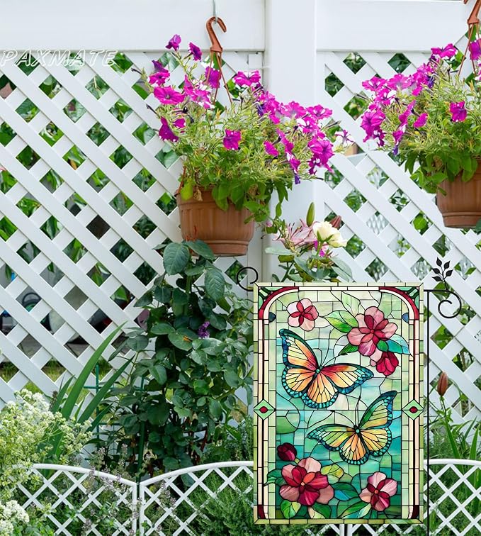 Spring Summer Butterfly Garden Flag 12x18 Inch Double Sided, Stained Glass Floral Butterfly Yard Flag, Colorful Flower Outdoor Lawn Patio Porch Farmhouse Garden Decor