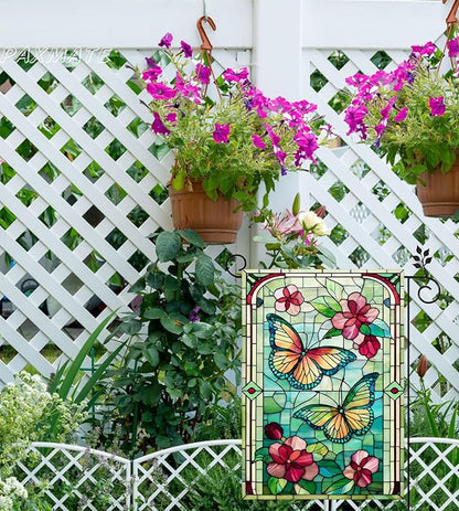 Spring Summer Butterfly Garden Flag 12x18 Inch Double Sided, Stained Glass Floral Butterfly Yard Flag, Colorful Flower Outdoor Lawn Patio Porch Farmhouse Garden Decor