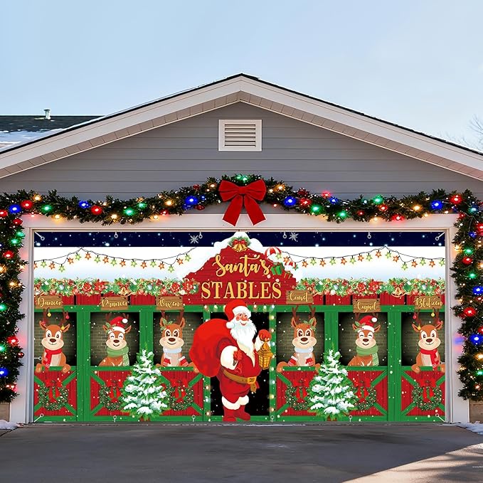 7x16ft Christmas Garage Door Cover Banner Large Hanging Backdrop Decorations Xmas Santa Garage Door Cover Decor for Home Outdoor Indoor Christmas Party Wall Yard (Reindeer)